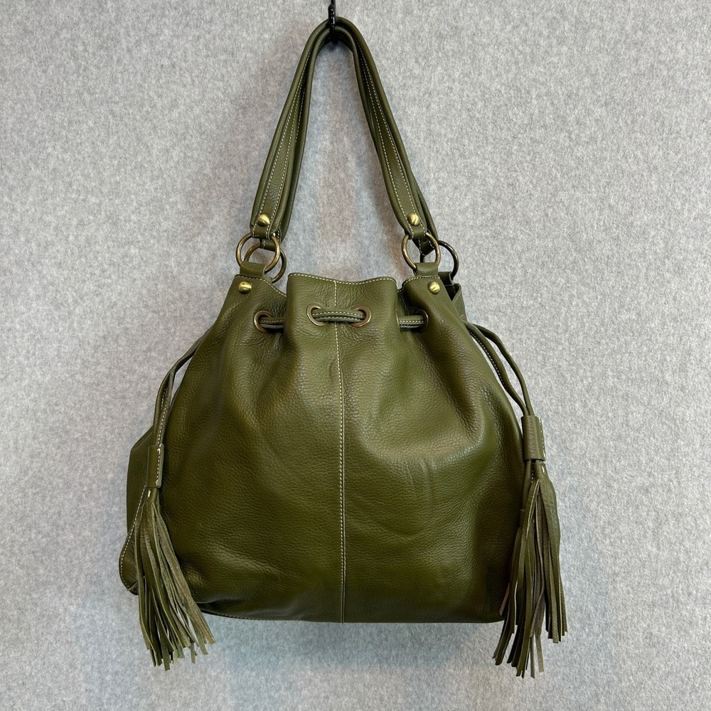 Nordstrom Large Leather Bucket Hobo Bag Olive Oat Green Tassel Cinch Bag NEW